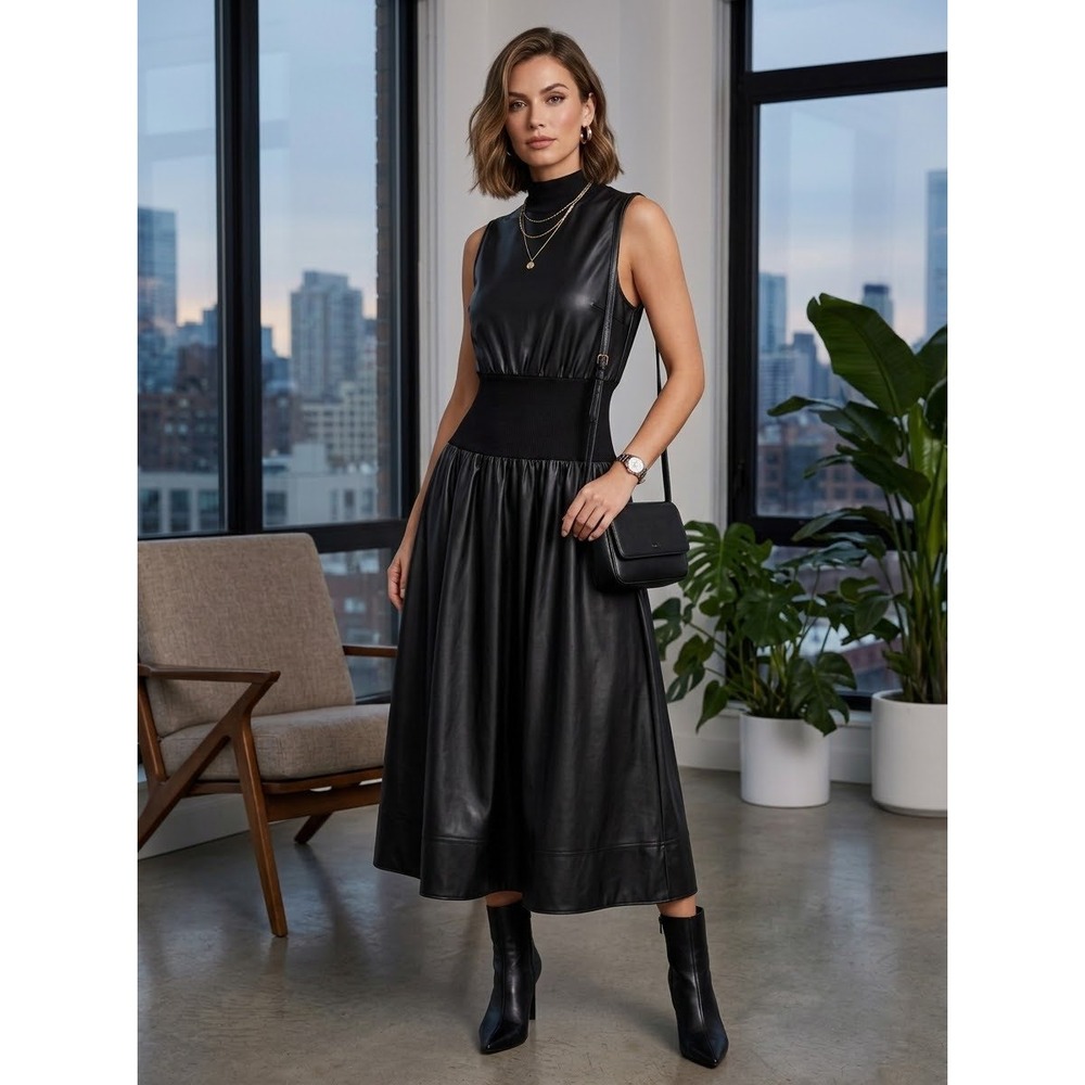 Faux Leather Mock Neck 1.STATE Black Vegan Leather Midi Dress Size S Small